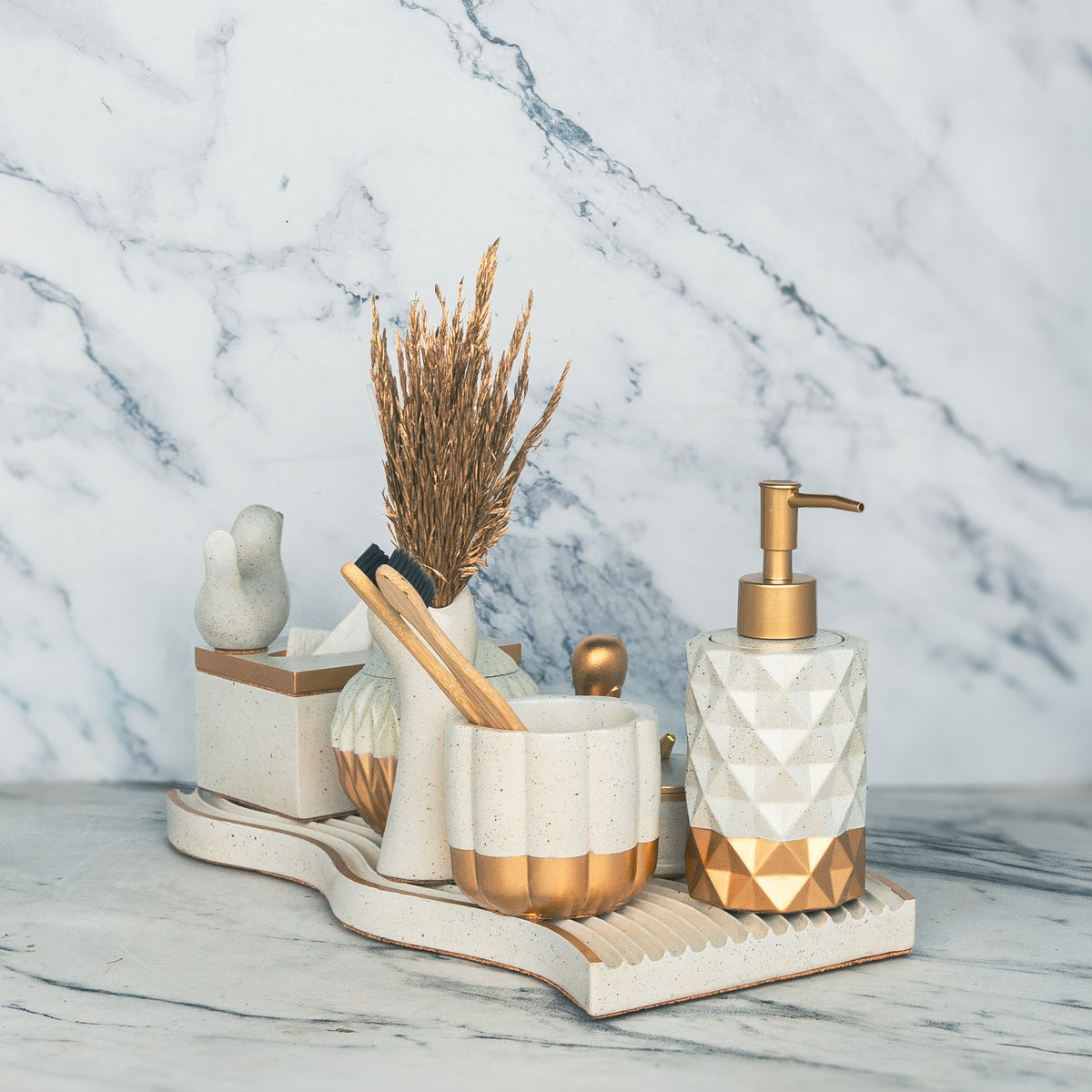 Solaris Bathroom Set in Silver Feather, handcrafted bathroom accessories set