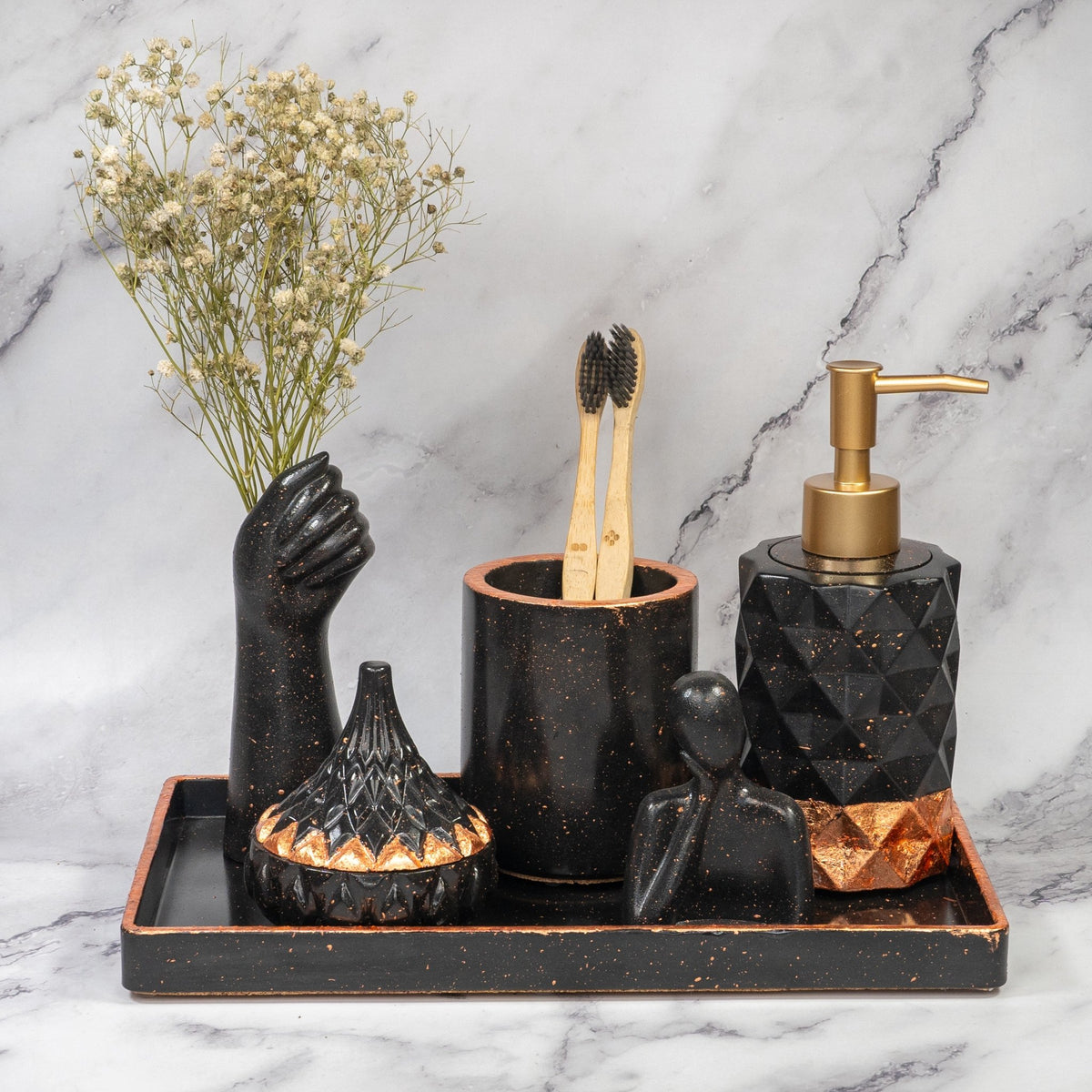 Sparkle Bathroom Set in Charcoal Black, handcrafted bathroom accessories set