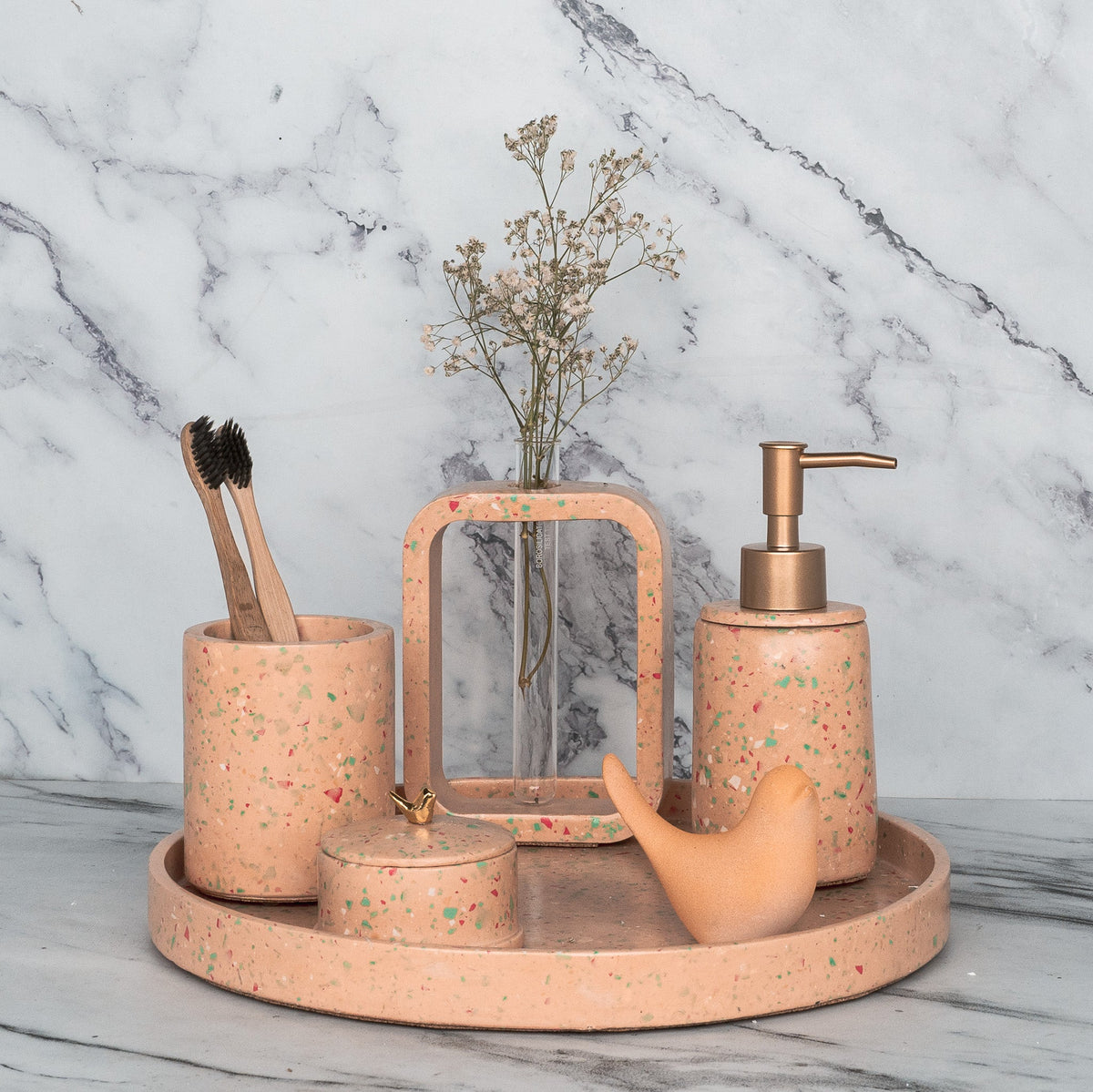 Sprinkle Bathroom Set in Sunset Glow, handcrafted bathroom accessories set