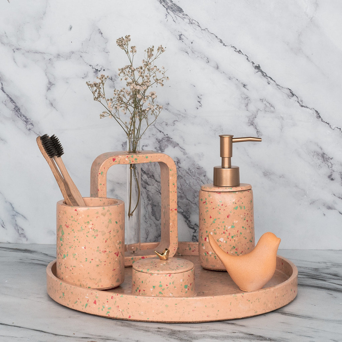 Sprinkle Bathroom Set in Sunset Glow, handcrafted bathroom accessories set