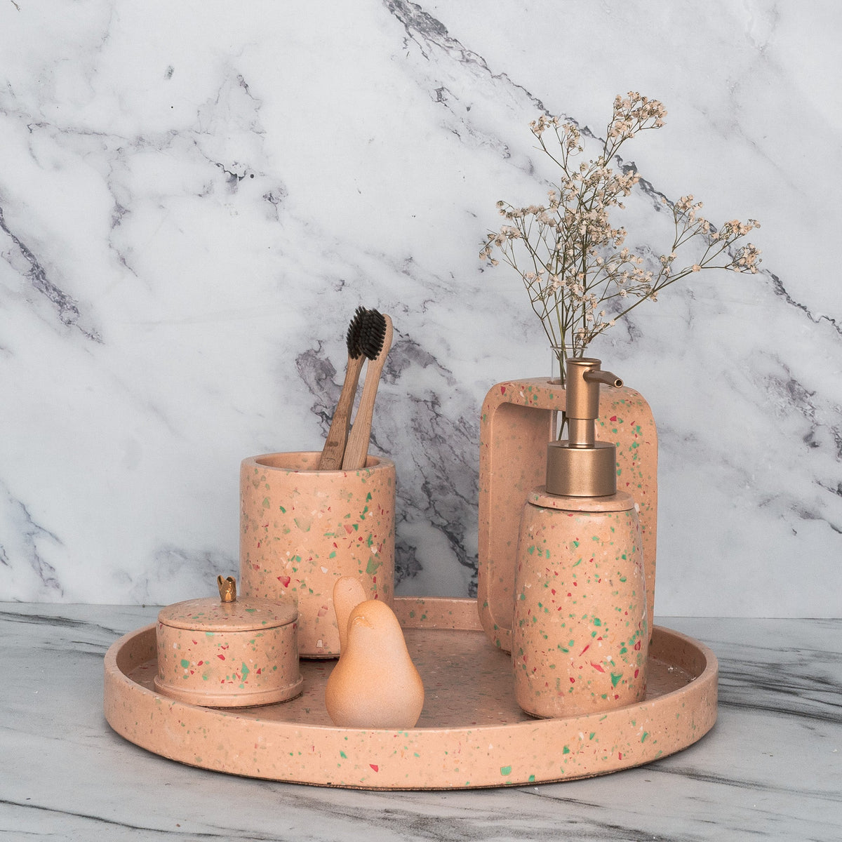 Sprinkle Bathroom Set in Sunset Glow, handcrafted bathroom accessories set