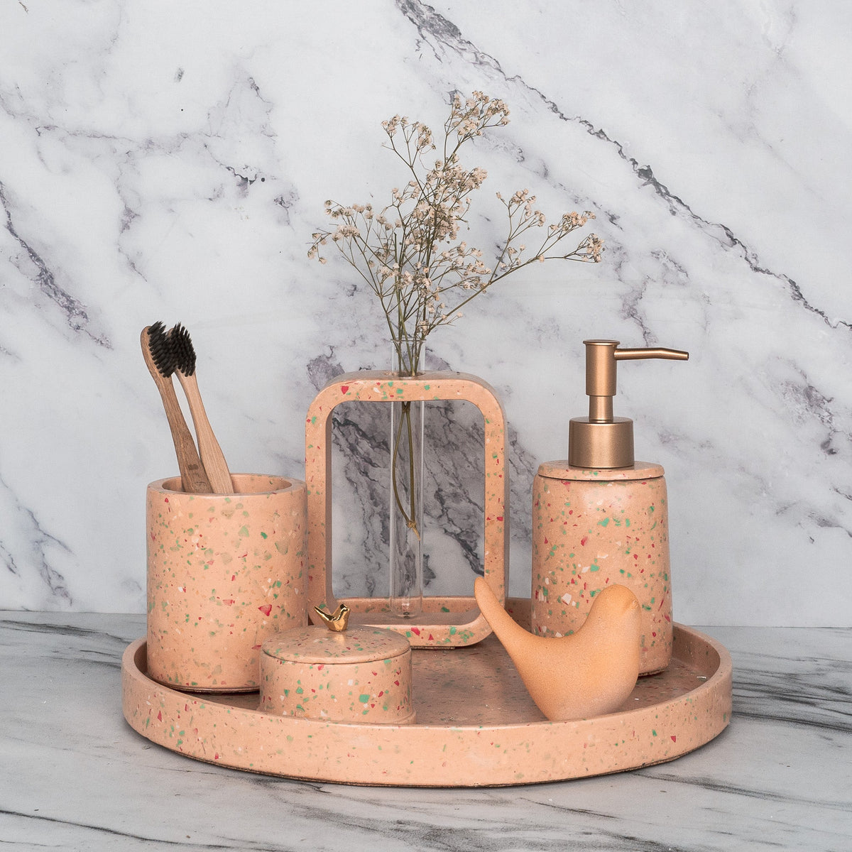 Sprinkle Bathroom Set in Sunset Glow, handcrafted bathroom accessories set