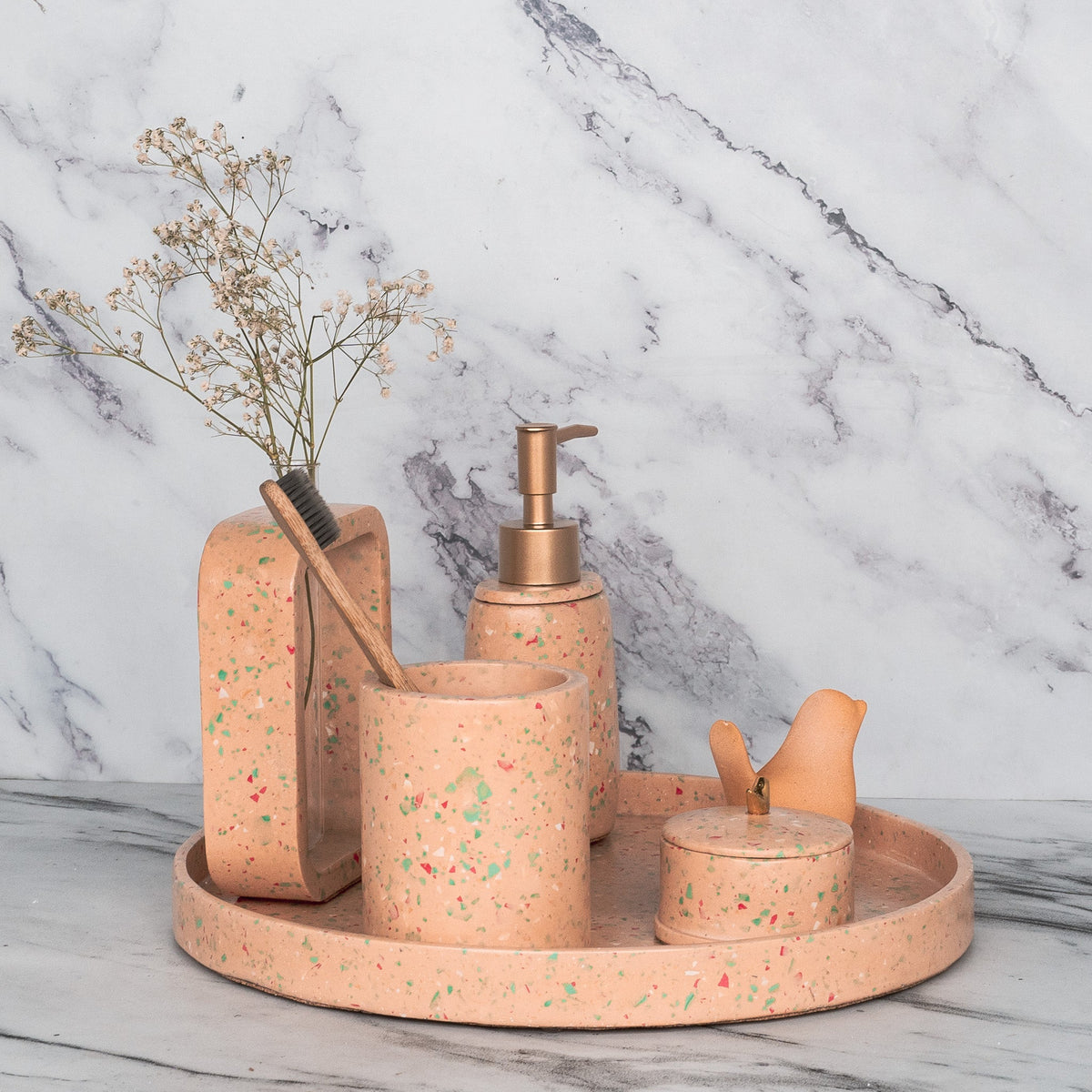 Sprinkle Bathroom Set in Sunset Glow, handcrafted bathroom accessories set
