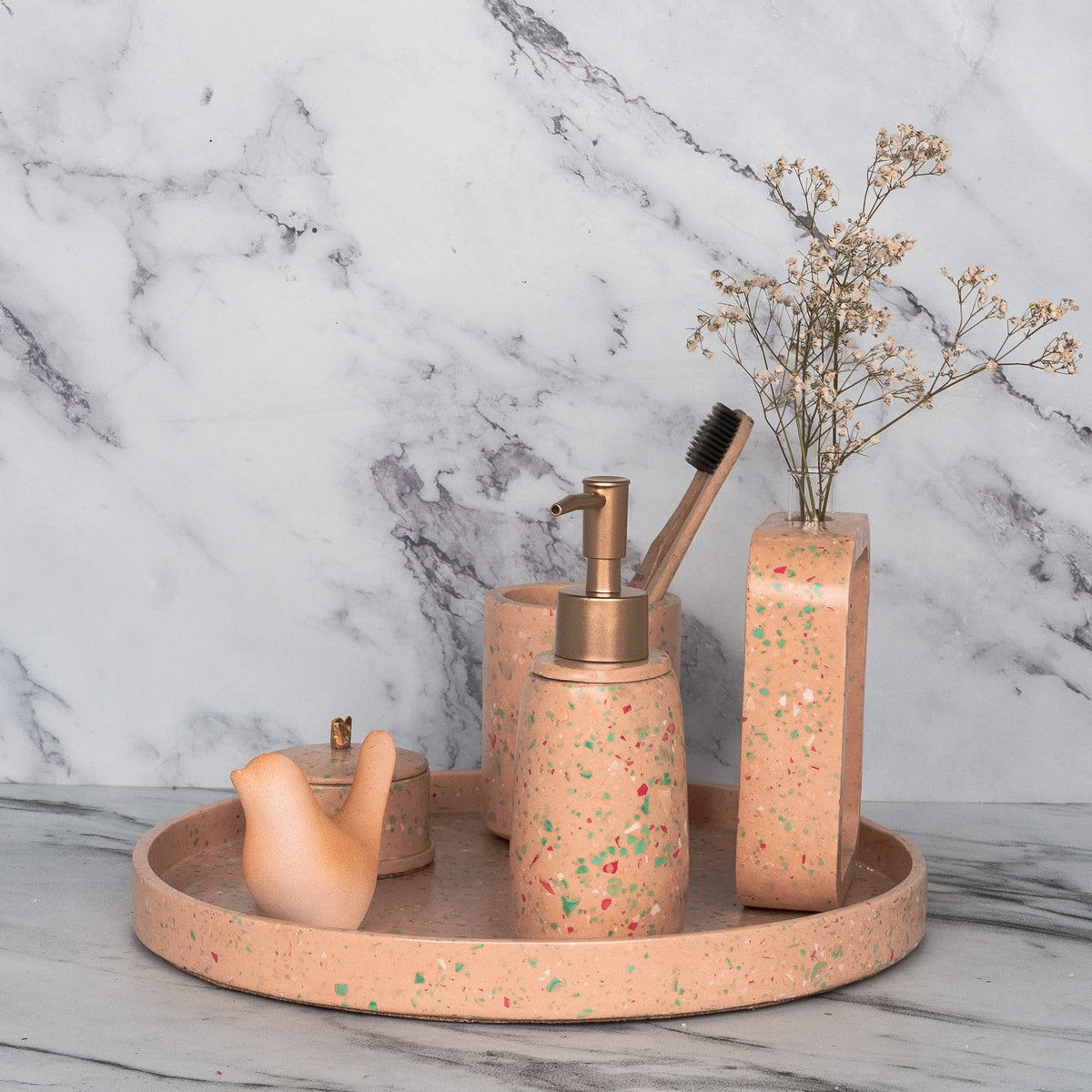 Sprinkle Bathroom Set in Sunset Glow, handcrafted bathroom accessories set