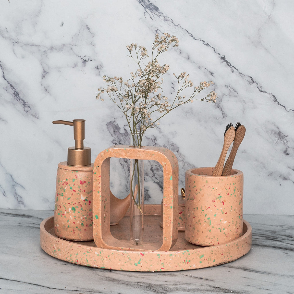 Sprinkle Bathroom Set in Sunset Glow, handcrafted bathroom accessories set