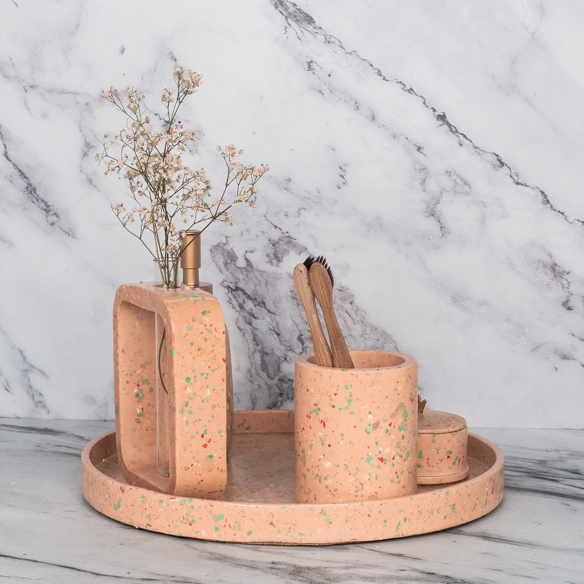 Sprinkle Bathroom Set in Sunset Glow, handcrafted bathroom accessories set