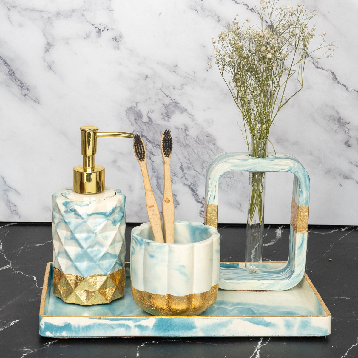 Summer Sky Bathroom Set in Serene Sky, handcrafted bathroom accessories set