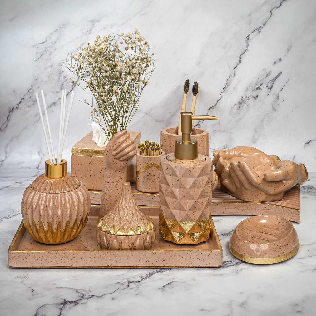 Taupe Luxe Bathroom Set in Warm Stone, handcrafted bathroom accessories set