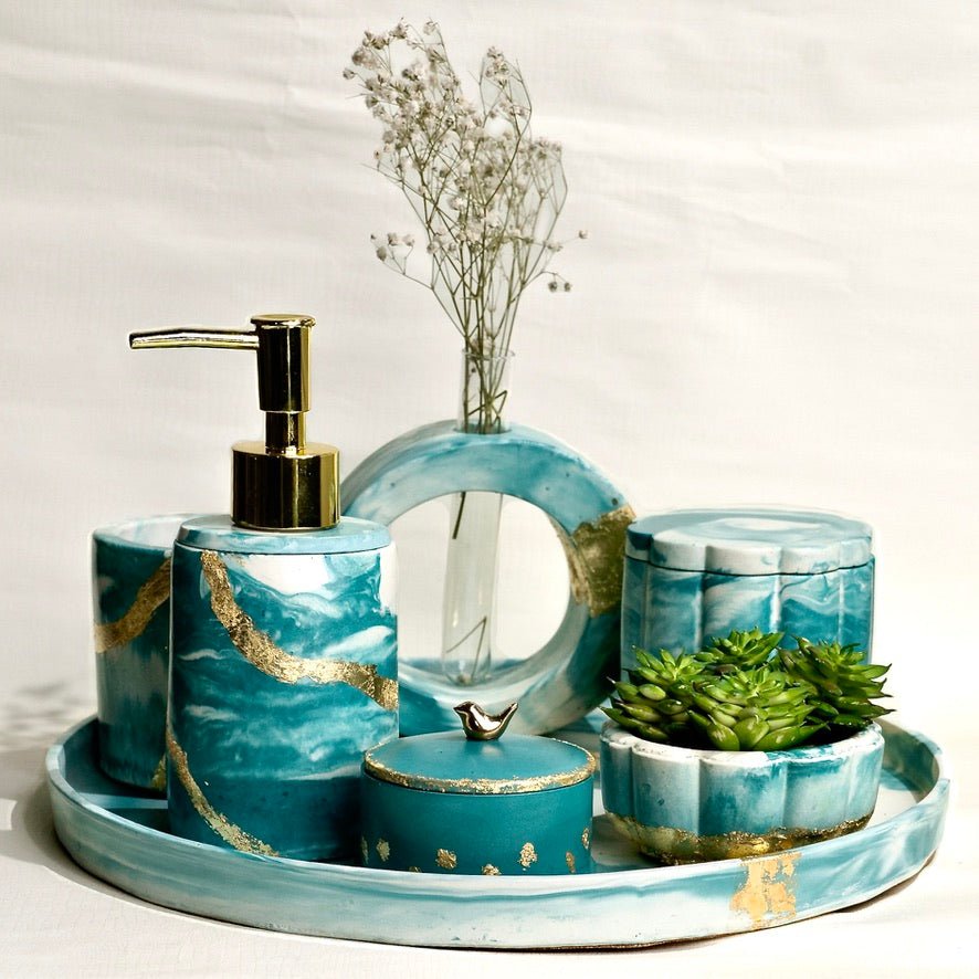 Tropical Tides Bathroom Set in Cool Lagoon, handcrafted bathroom accessories set
