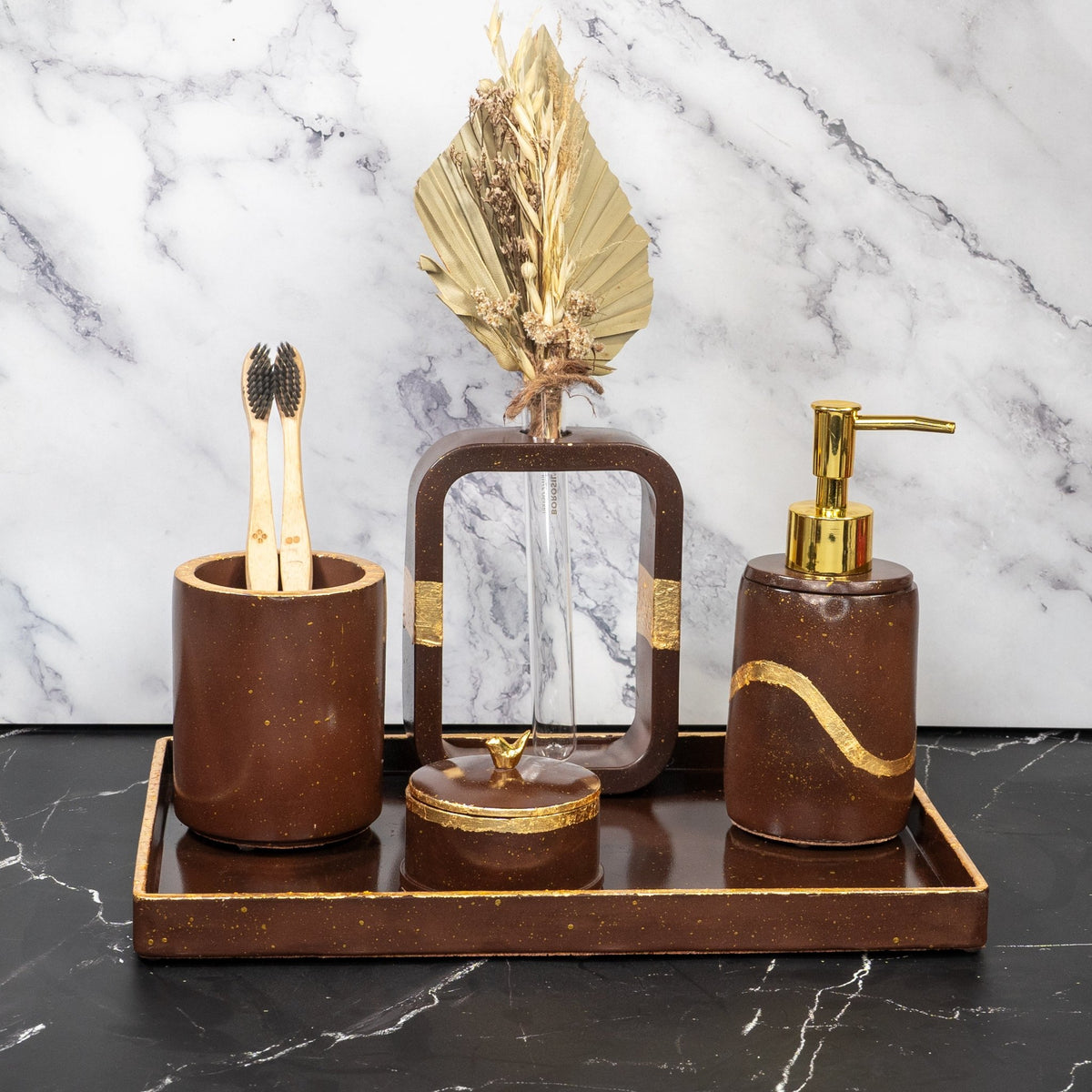 Turin Bathroom Set in Vintage Walnut, handcrafted bathroom accessories set