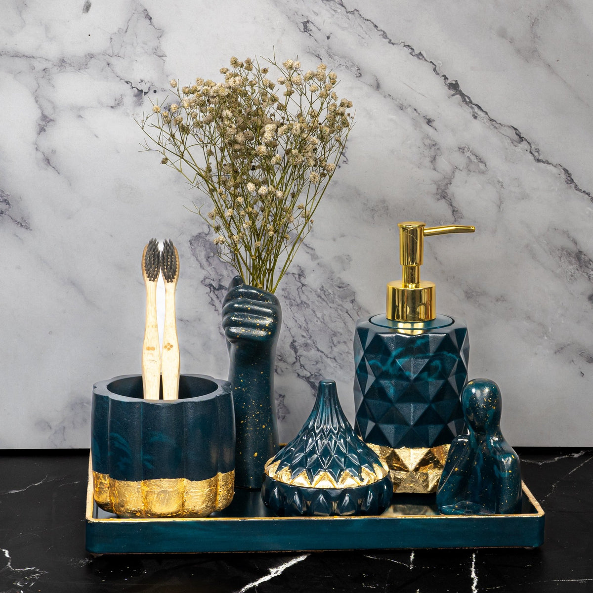 Veloure Bathroom Set in Nautical Depth, handcrafted bathroom accessories set