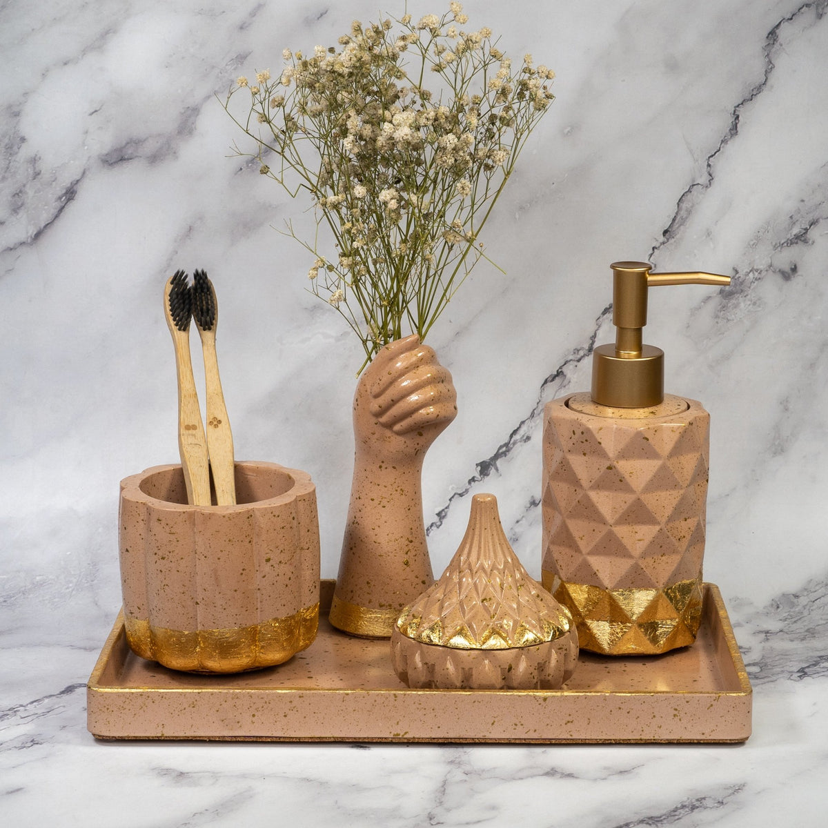 Veritas Bathroom Set in Warm Stone, handcrafted bathroom accessories set