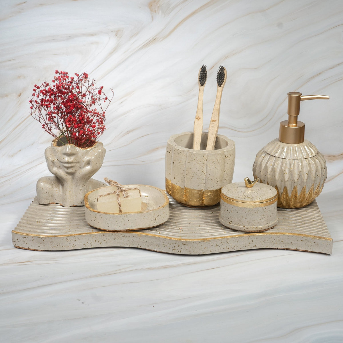 Vesper Bathroom Set in Warm Stone, handcrafted bathroom accessories set