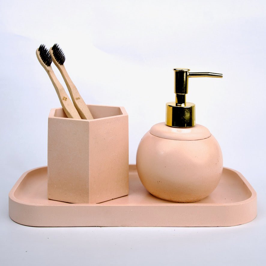 Vivacity Bathroom Set in Sunset Glow, handcrafted bathroom accessories set