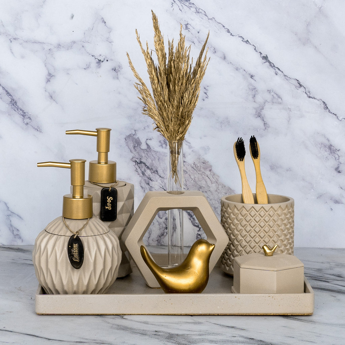 Vivian Bathroom Set in Warm Stone, handcrafted bathroom accessories set