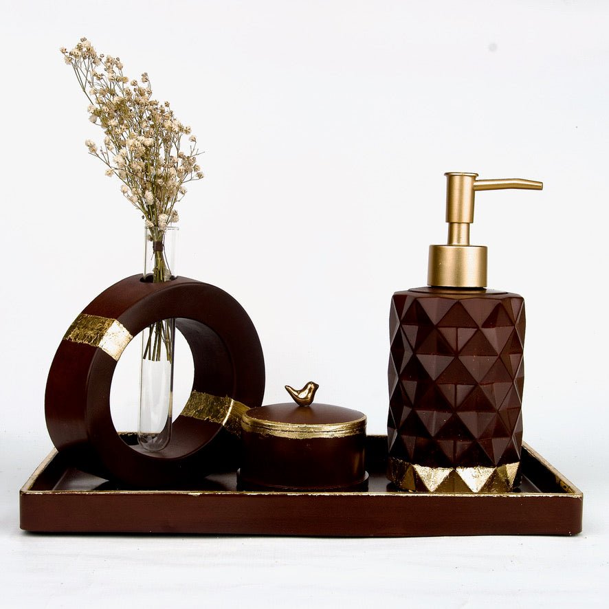 Wallace Bathroom Set in Vintage Walnut, handcrafted bathroom accessories set
