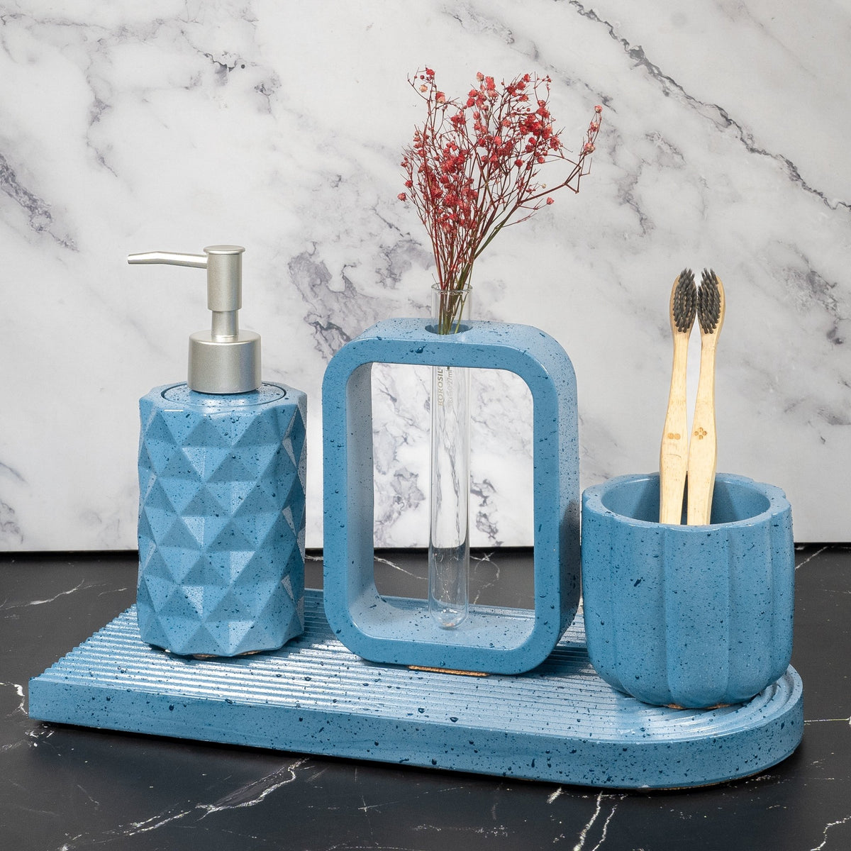 Windsor Bathroom Set in Serene Sky, handcrafted bathroom accessories set