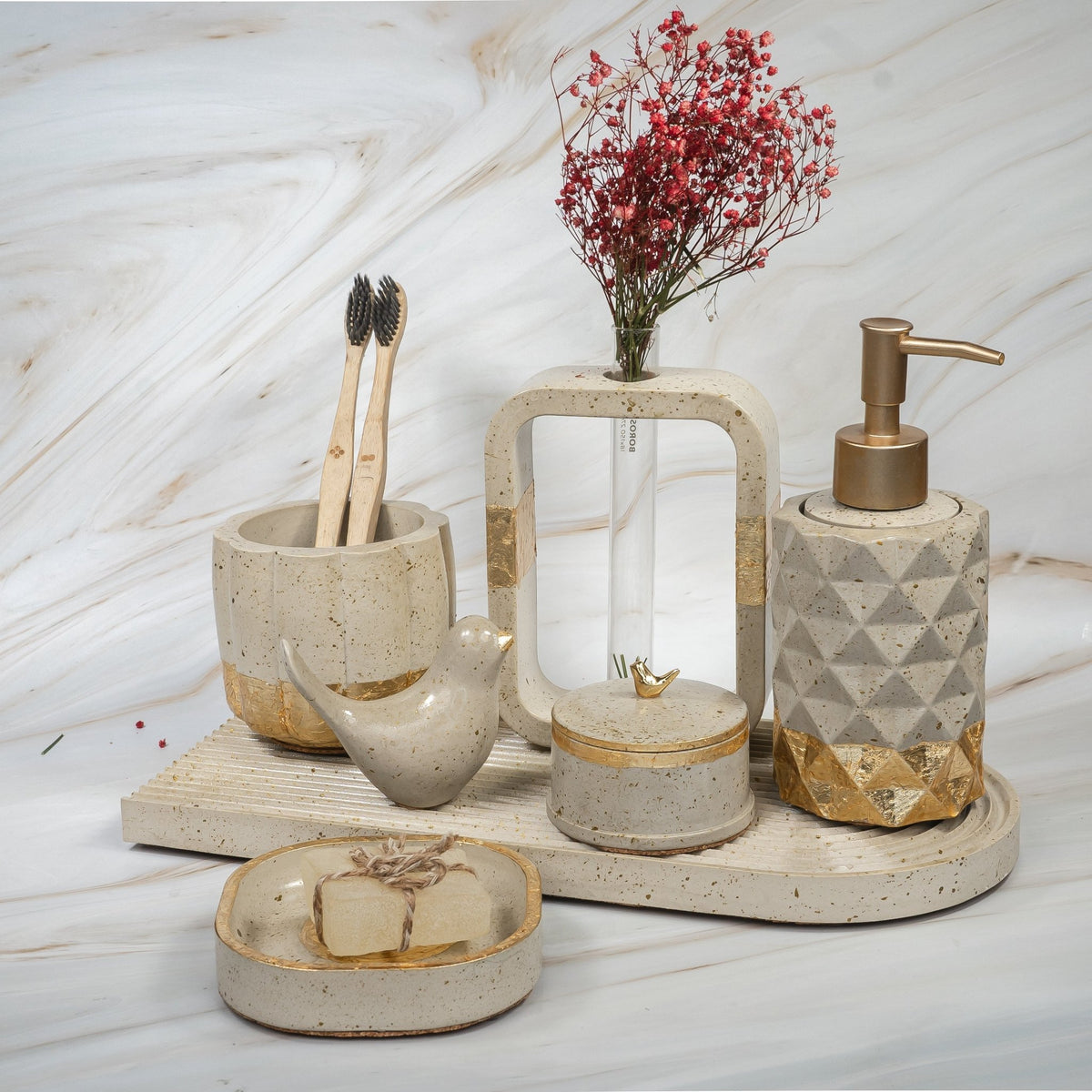 Zenith Bathroom Set in Warm Stone, handcrafted bathroom accessories set
