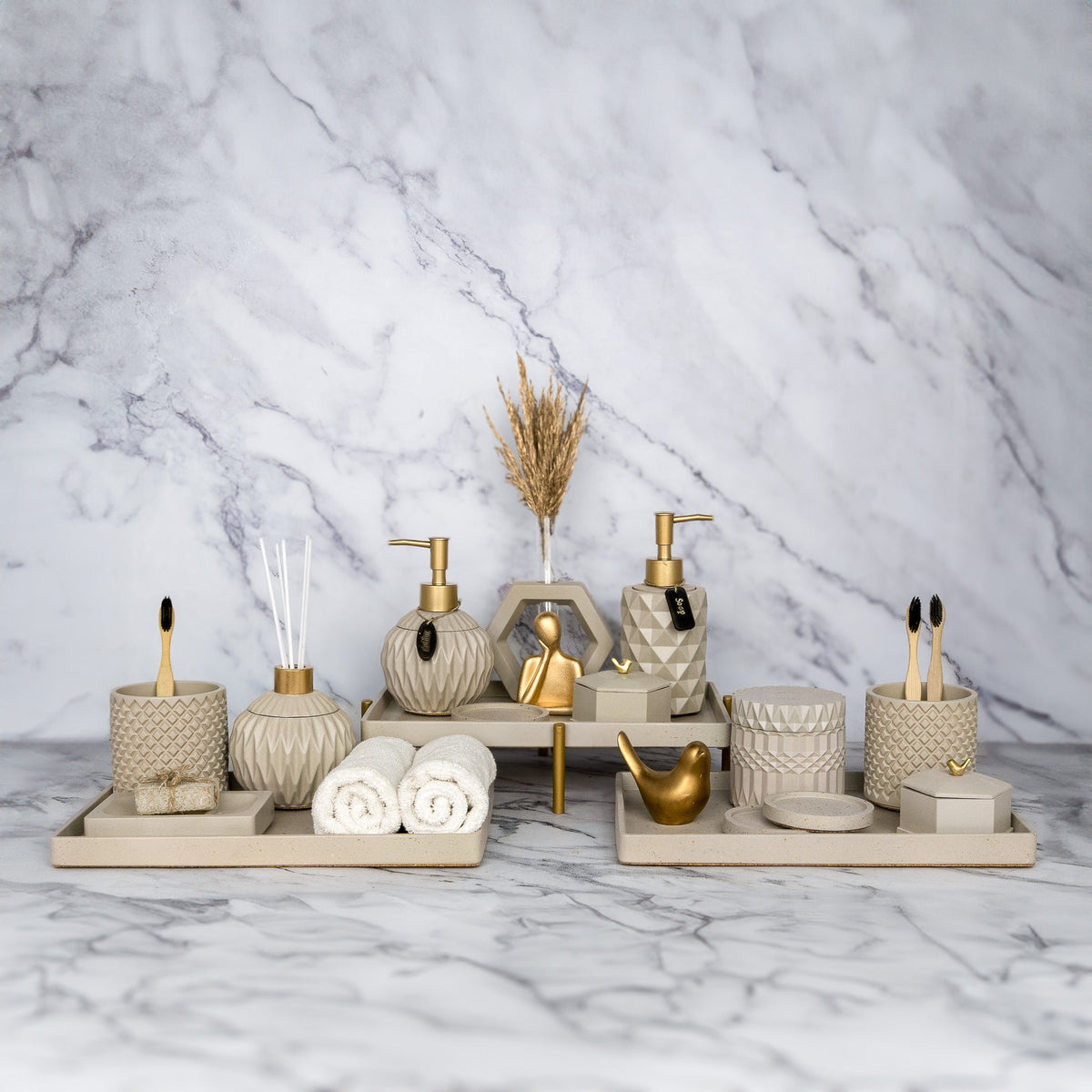 Zephyr Bathroom Set in Warm Stone, handcrafted bathroom accessories set